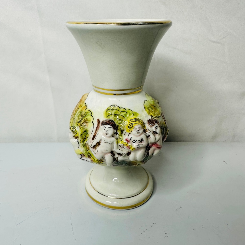 Vintage R. Capodimonte Italy Cherub Relief Ceramic Vase Gold Trim M.A.S. Italy